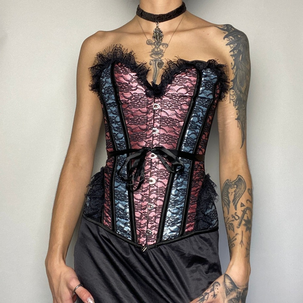 Adore Me Pink Blue Black Lace Corset Bustier Lace Up Back Whimsigoth Goth Top
